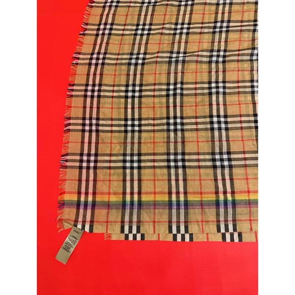 Burberry Rainbow Nova Check Wool And Silk Fringe Lightweight Scarf Wrap 87"x28" - Picture 9 of 16